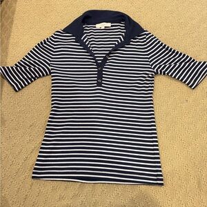LOFT Navy & White Striped Polo Knit Shirt